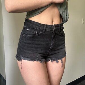 Zara High Waist Black Denim Distressed Short Shorts
